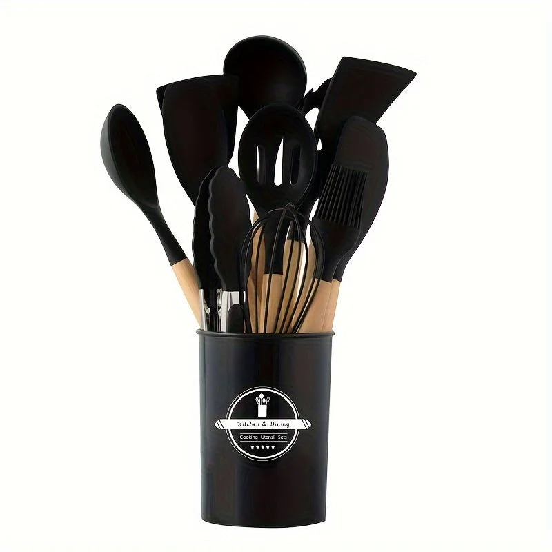 1 Set Kitchen Utensil Set, Silicone Cookware Set, 12pcs Silicone Kitchen Utensil Set, Wooden Cooking Utensils, Kitchen Gadgets, Silicone Cutlery Set, Kitchen Tools With Storage Bucket