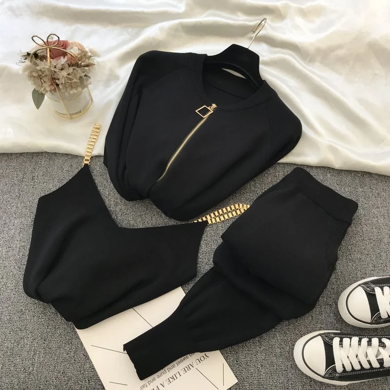 10% off Women Zipper Knitted Cardigans Sweaters + Pants Sets + Vest Woman Fashion Jumpers Trousers 3PCS Costumes Outfit