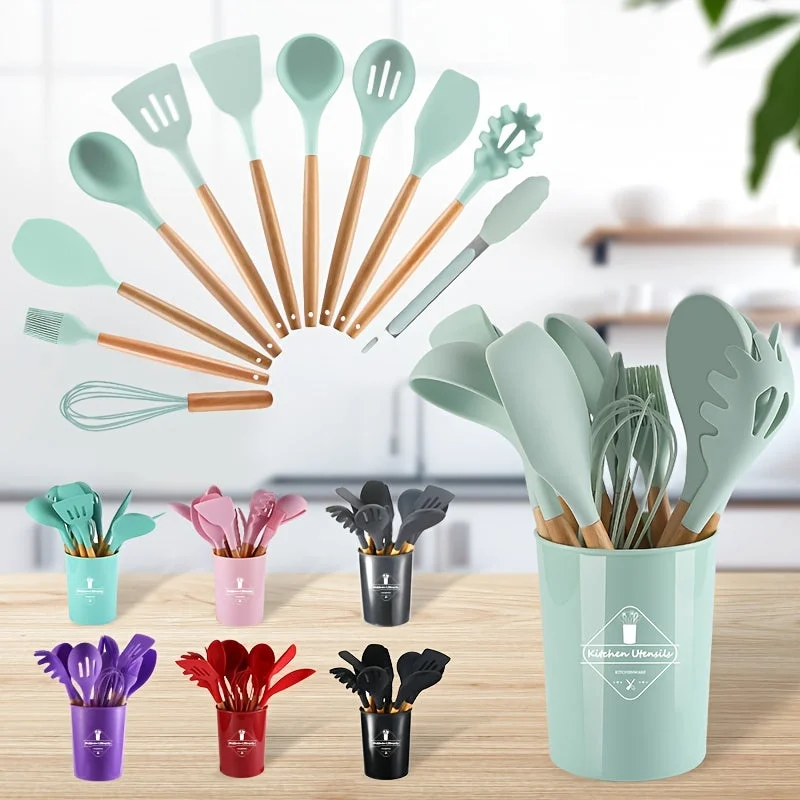 1Set Kitchen Utensil Set, Silicone Cookware Set, 12 Pieces Silicone Kitchen Utensil Set, Wooden Cooking Utensils, Kitchen Gadgets, Silicone Cutlery Set, Kitchen Tools With Storage Bucket