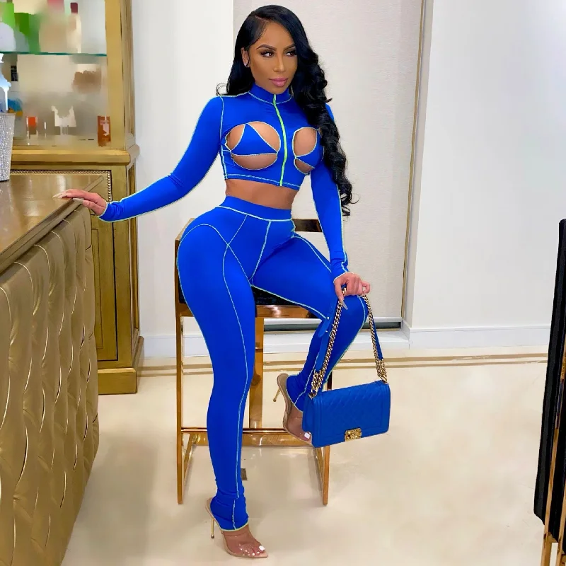 2022 fall blue 2 piece set sexy hollow out two piece pants set women clothing 2022