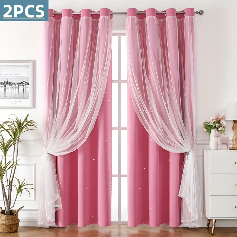 2PCS Grommet Top Curtains Double-layer Cute Hollow Star-shaped Small Holes Curtain For Light Transmission, Suitable For Bedroom Blackout Curtains, Living Room Curtains, Themed Room Curtains, And Festival Party Decoration Curtains Home Decor