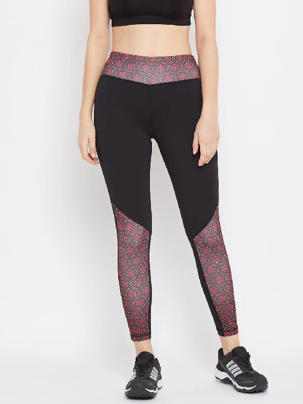 JUMP USA Women Black & Maroon Printed Active Wear Tights