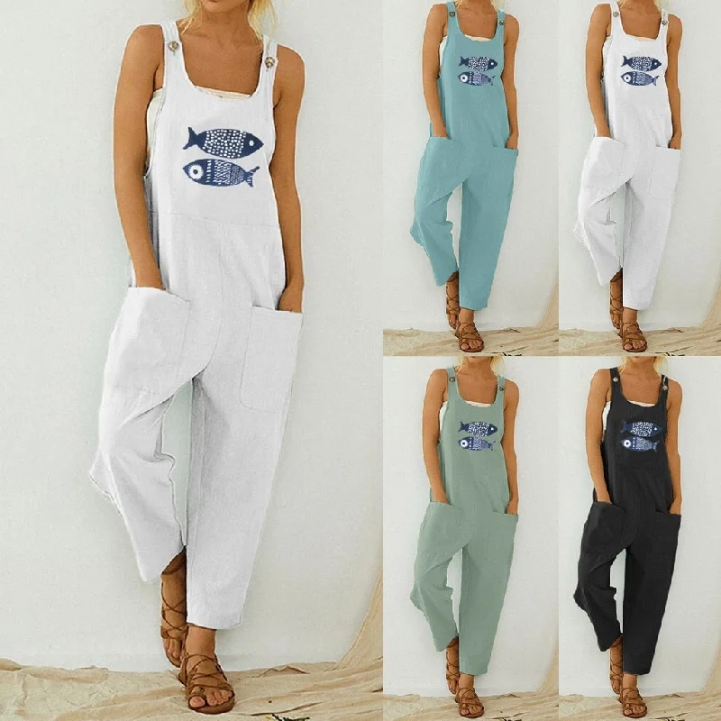 Boho Fish Pocket Romper Long Button Jumpsuit