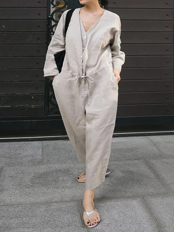 Casual Linen V-neck Jumpsuit by migunica