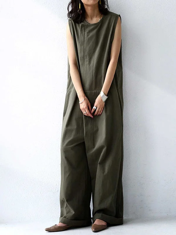 Casual Solid Color Round-Neck Sleeveless Wide Leg Jumpsuits by migunica