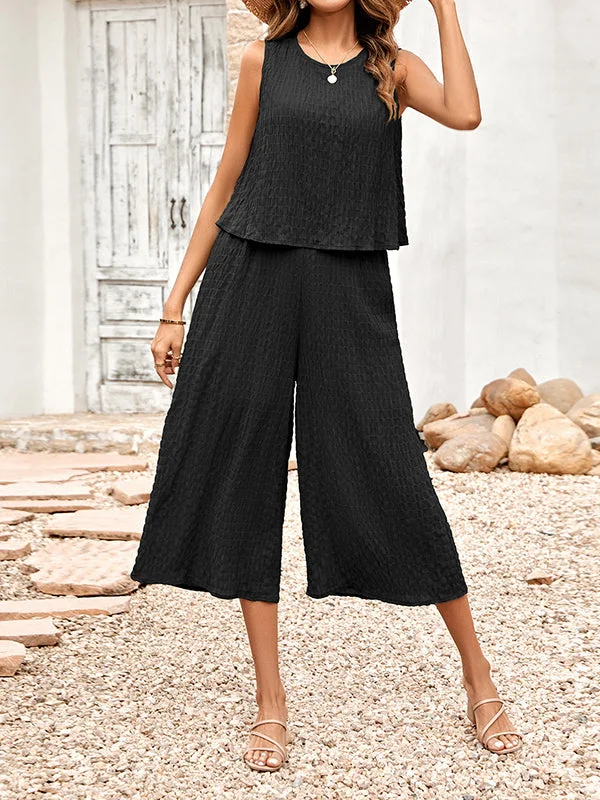 Cropped Sleeveless Solid Color Round-Neck Jumpsuits by migunica