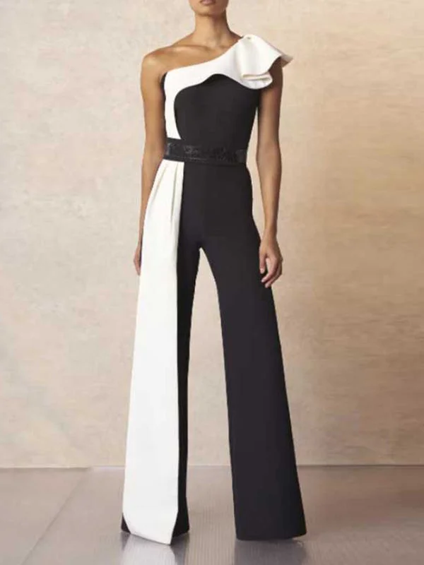 High Waisted Wide Leg Contrast Color Split-Joint One-Shoulder Jumpsuits by migunica