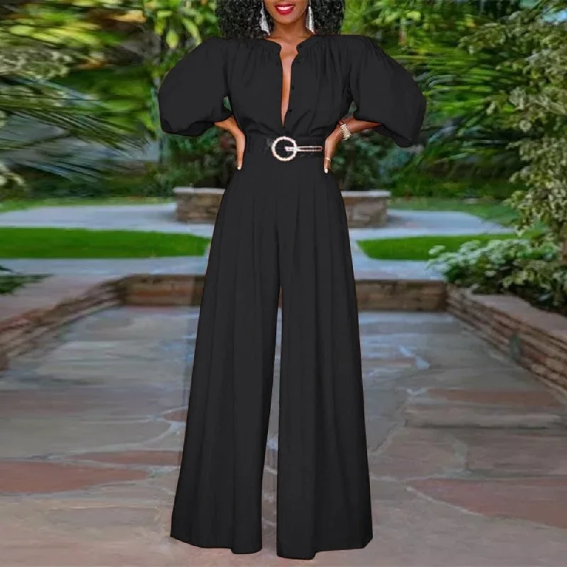 Elegant 3/4 Puff Sleeve Wide Leg Pants Long Pleated Buttons Overall Jumpsuit