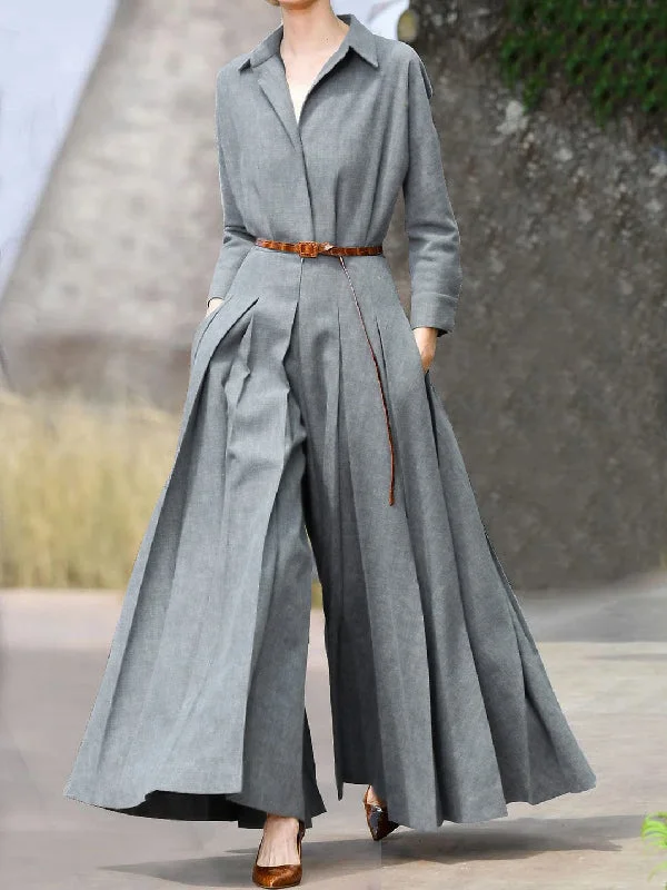 Long Sleeves Wide Leg Pleated Lapel Jumpsuits by migunica