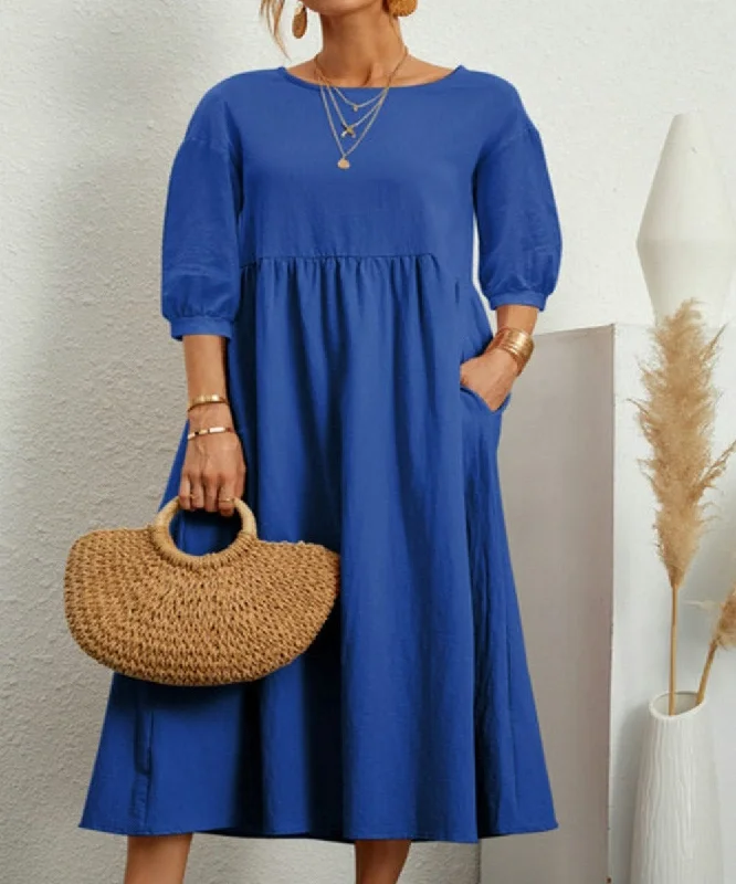 Middle Sleeve O-neck Solid Elegant Cotton Loose Long Dress