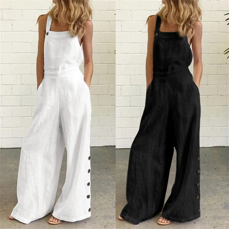 Overalls Buttons Sleeveless Wide Leg Jumpsuit