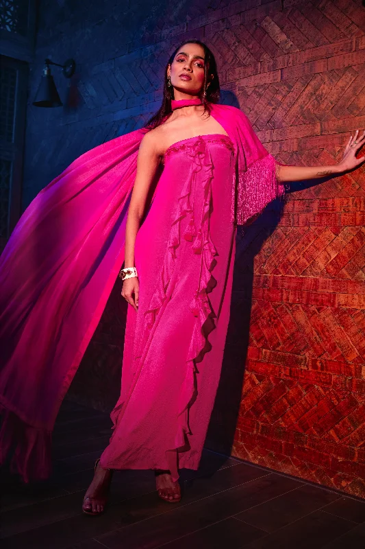 SPINEL PINK TUBE RUFFLE JUMPSUIT WITH DUPATTA