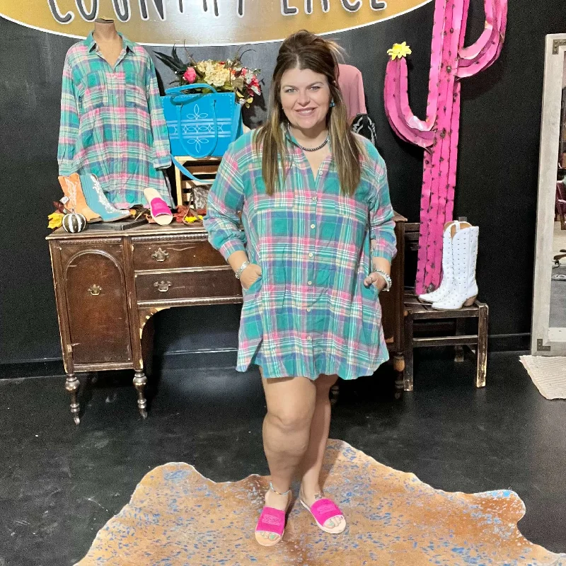 Turquoise & Pink Flannel Plaid Button Down Top / Dress