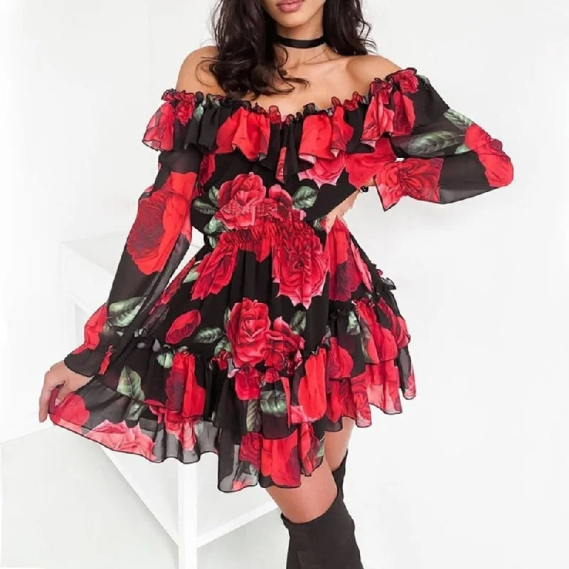 Off Shoulder Ruffles Flower Long Sleeve Elegant Chiffon Dress