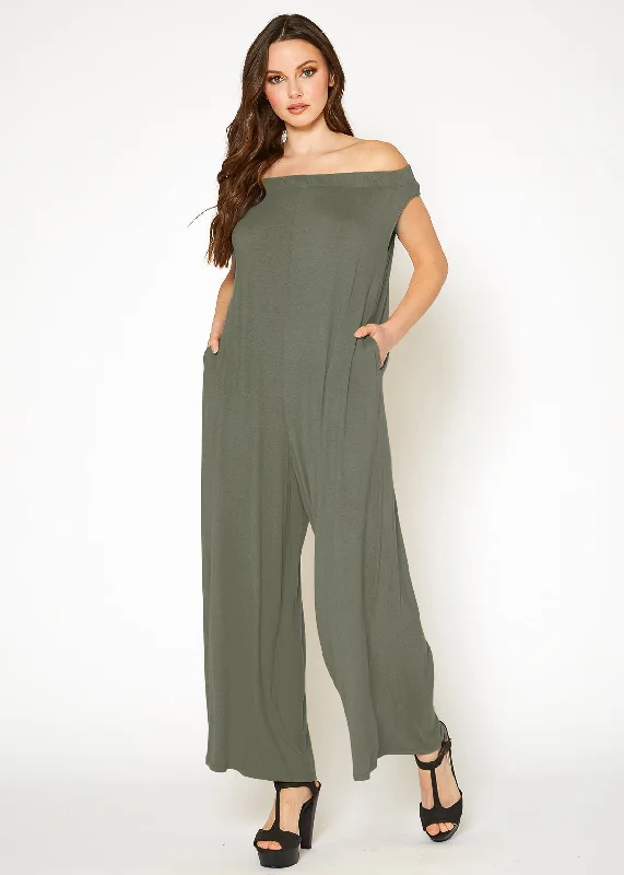 Women's Off Shoulder Wide Leg Jumpsuit With Pockets by Shop at Konus